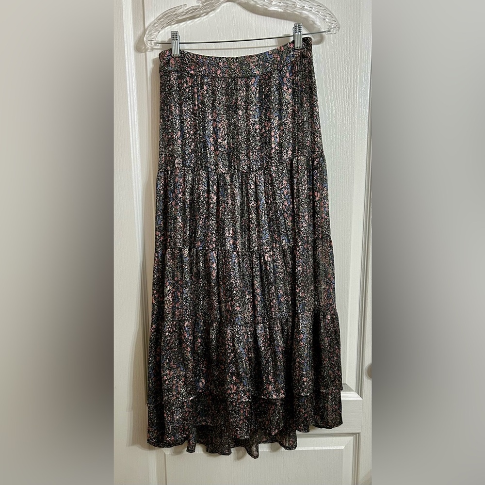 Tiered Floral Midi Skirt in Black and Pink